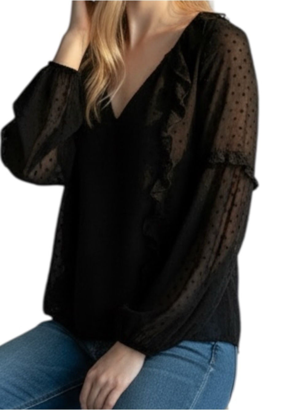 Express Sz S Black Sheer Ruffle Front Sleeves V-Neck Blouse Women Tops | EUC